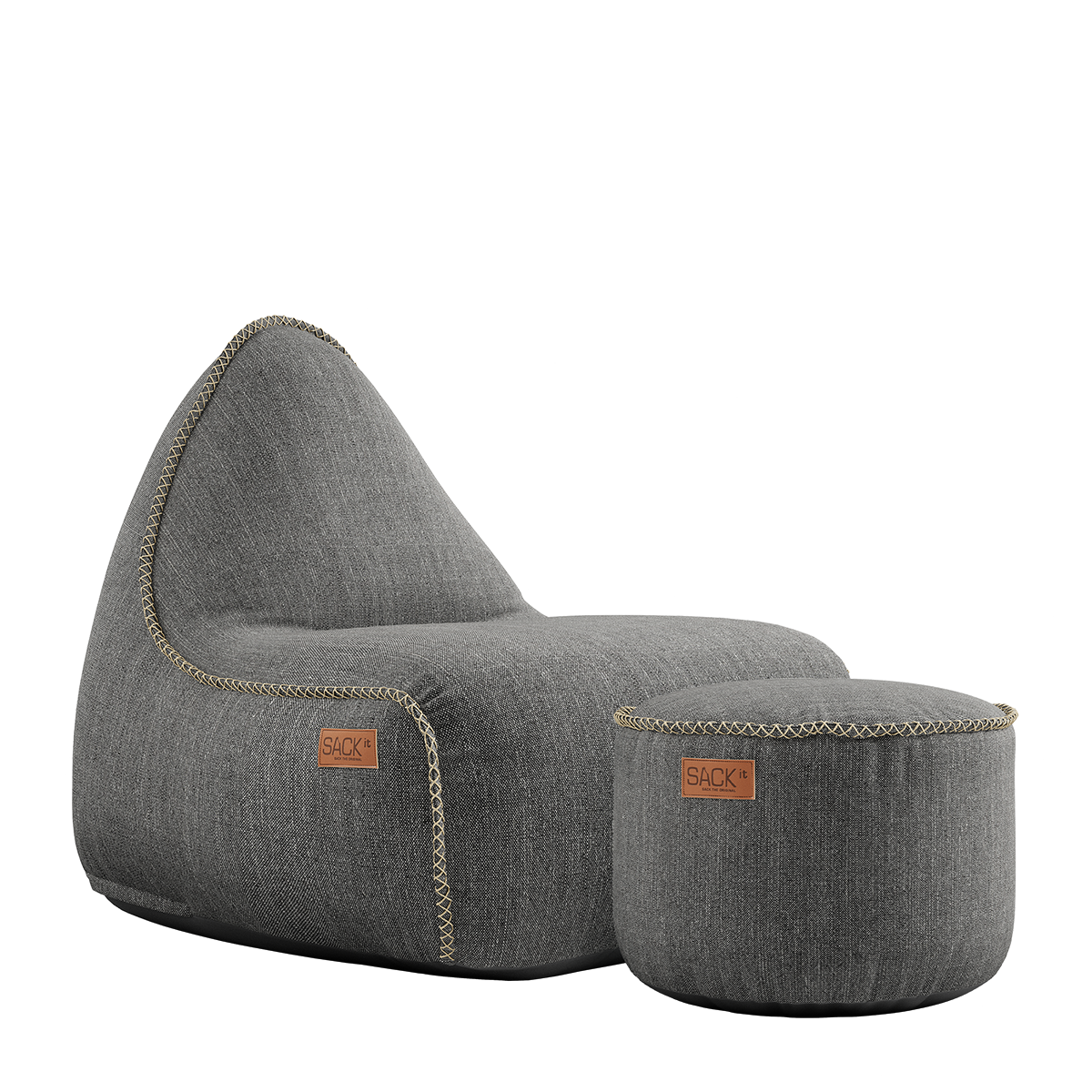 SACKit Cobana Lounge Chair med pouf sett i grå olefin for utendørs bruk