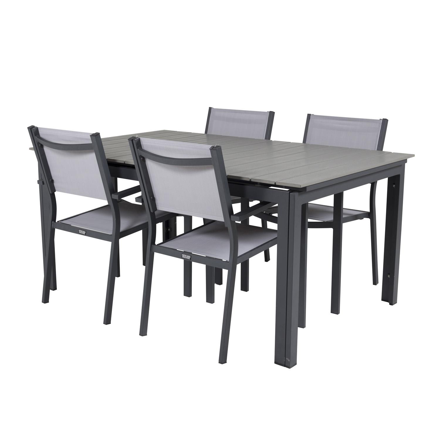 Venture Design Levels hagemøbelsett med 4 Copacabana stoler i grått tre og sort aluminium