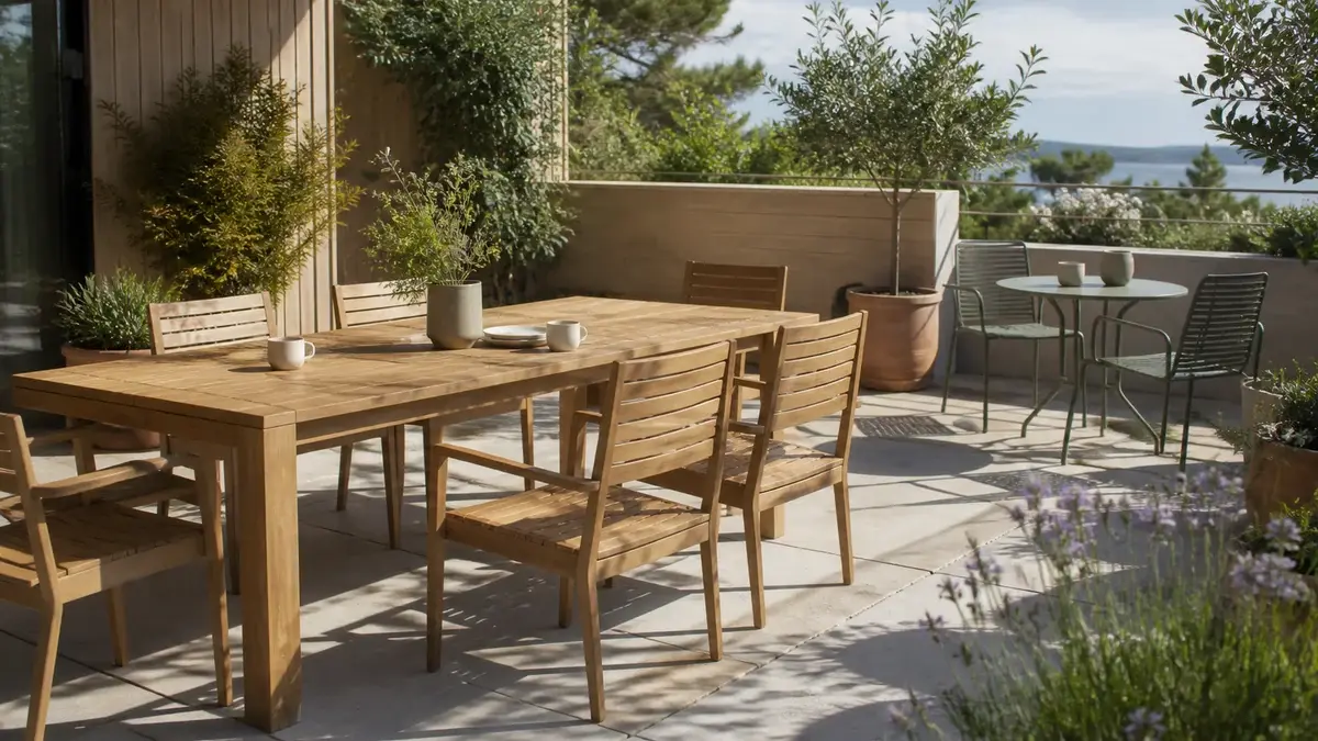 Stort teakbord og lite rundt aluminiumsbord på en terrasse