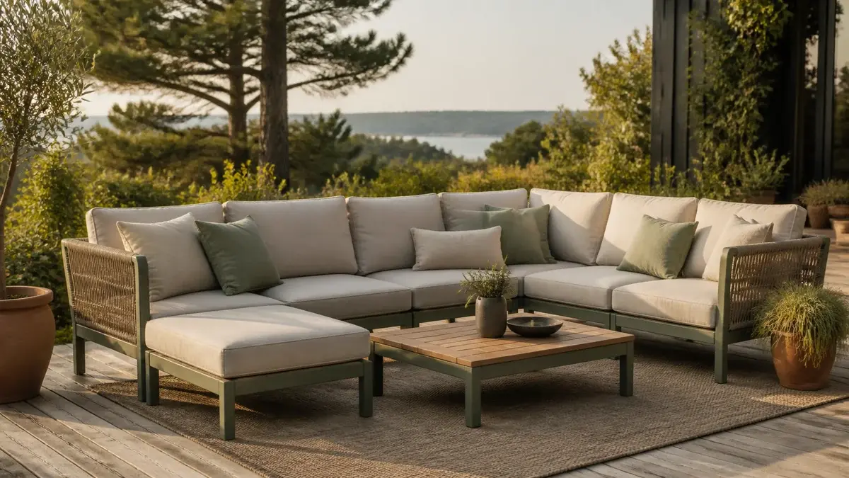 Modulært loungesett med lyse puter og lavt bord på terrassen