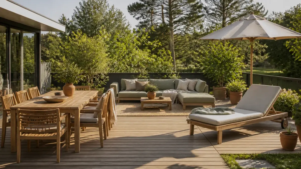 Spisegruppe, loungesofa og solseng på en stor treterrasse