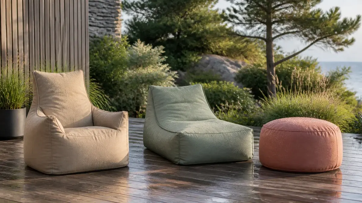 Tre værbestandige sittesekker i ulike former på en våt terrasse